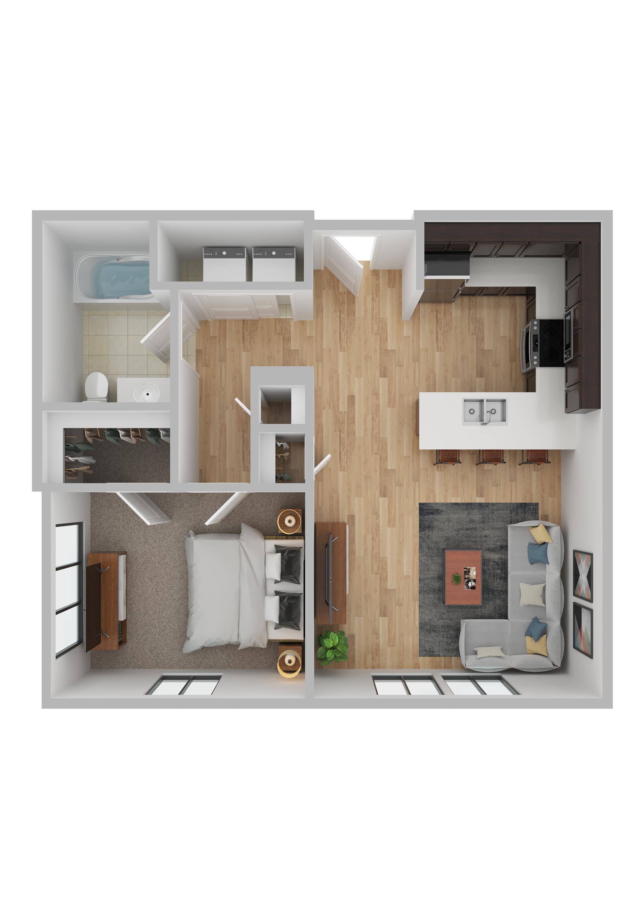 Floor plan for 1 bed, 1 bath, 705 sqft
